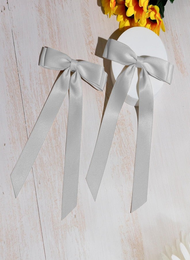 TULOBI 2PCS Gray Hair Bows Solid Satin Polyester Ribbon Bow Hair Clips Ponytail Big French Hair Barrettes with Long Tail Wedding Dress Decor Hair Accessories for Women Toddler Teen Girls - Image 4